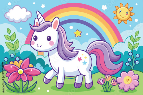 Cute Cartoon Unicorn with Rainbow Flowers and Smiling Sun Illustration