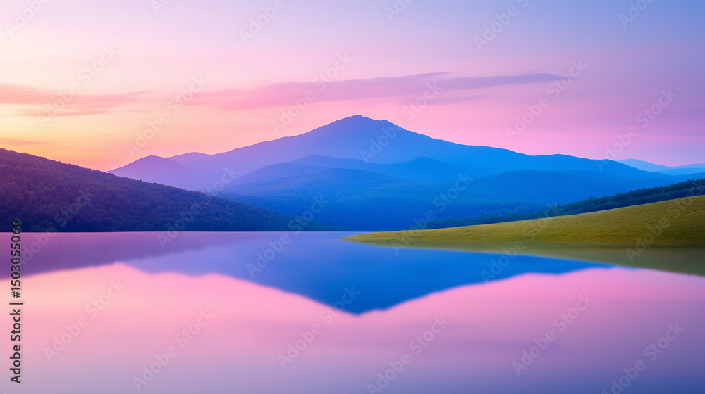 Fototapeta premium Pastel sunrise mountain reflection on tranquil lakeside scene