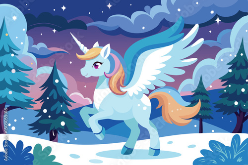 Winged Unicorn in Winter Wonderland Magical Creature in Snowy Landscape