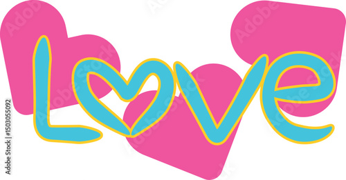 Love text Pop art style bright colors. 