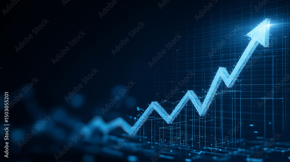 Fototapeta premium Rising Financial Graph with Upward Arrow, Business Growth, Digital Analytics and Economic Progress Concept in a Futuristic Blue Background for Corporate Strategy and Finance Visualization