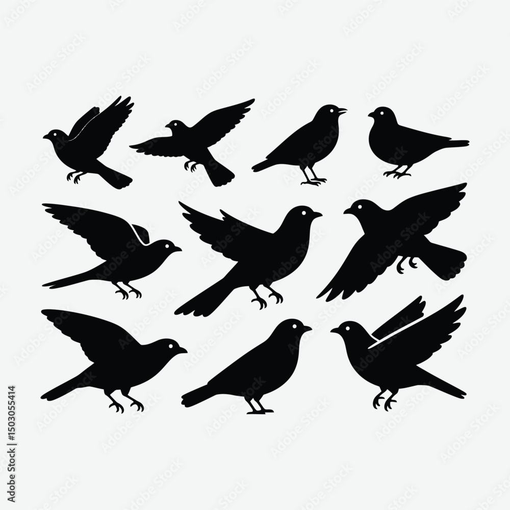 Obraz premium Download a versatile collection of black bird silhouettes and vector bird icons. Includes simple bird symbols, outlines, and minimalistic bird illustrations in black and white — perfect for logos.