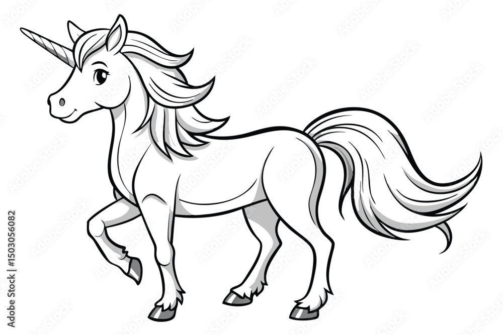 Cartoon Unicorn Illustration with Black and White Outline and Shading Cartoon Unicorn Illustration with Black and White Outline and Shading