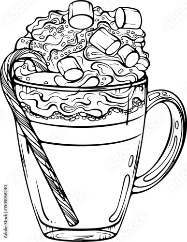 Festive Christmas cappuccino or hot chocolate with whipped cream, marshmallow and candy cane. Vector illustration in hand drawn sketch doodle style. Line art isolated on white for coloring book, print