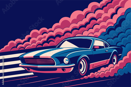 Classic Muscle Car Speeding, Smoke, Retro Art