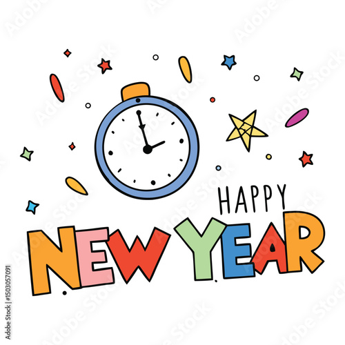 Happy New Year celebration with colorful confetti bursting around a clock striking midnight, symbolizing fresh starts, joy, and exciting new beginnings ahead!
