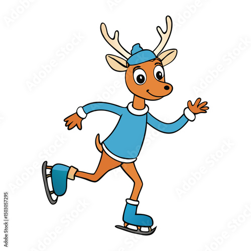 Two reindeer gracefully ice skate side by side on a sparkling frozen lake, their hooves gliding smoothly as they share a joyful, wintry dance under a crisp, clear sky.
