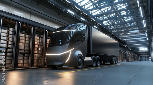 Futuristic Electric Semi-Truck in Modern Warehouse