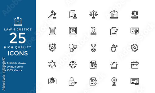 Law and Justice Line Icons Set – Vector Collection of Legal, Court, and Justice Symbols in Flat Design