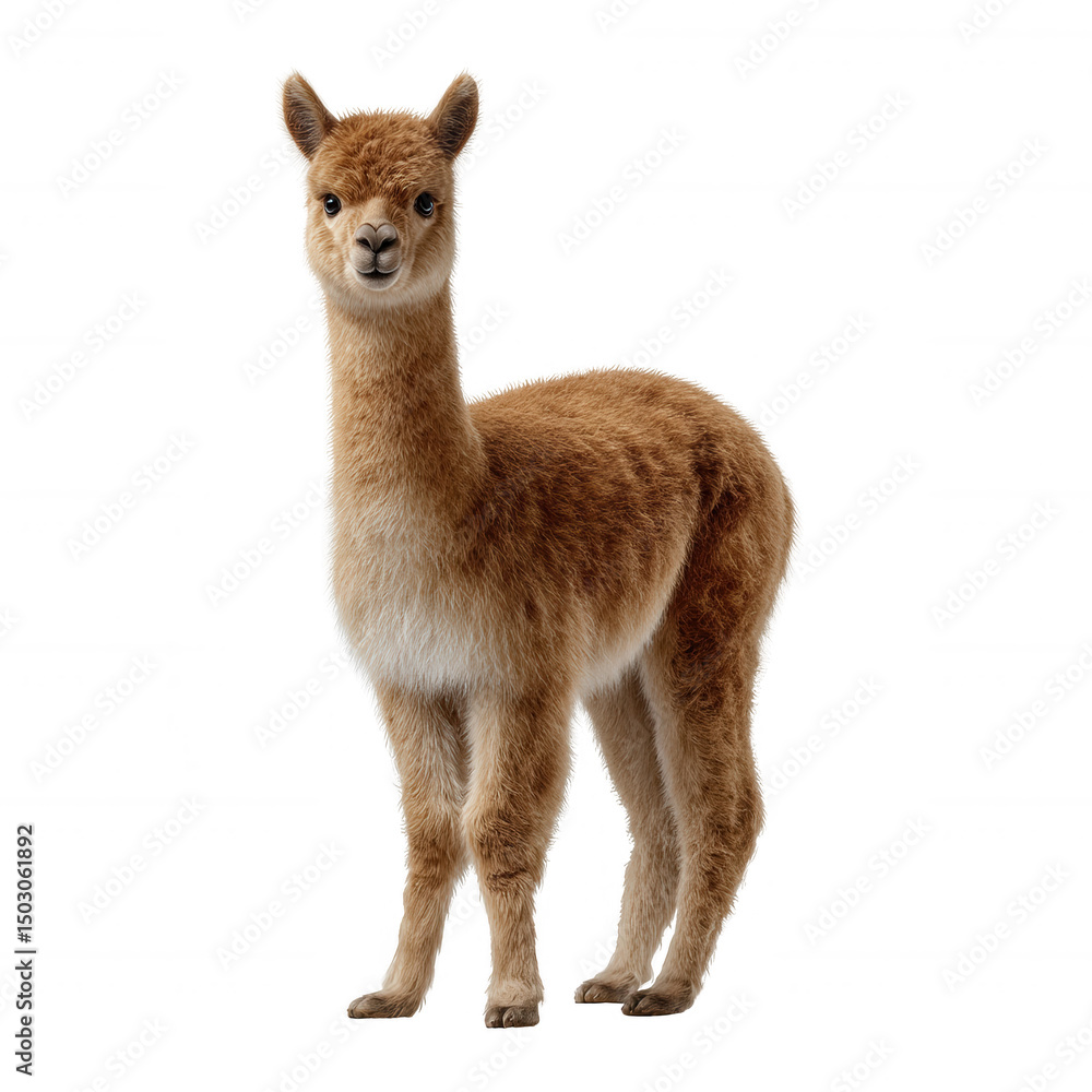 Obraz premium A cute baby guanaco stands proudly, showcasing its soft, furry coat and expressive eyes. Perfect for animal lovers and nature enthusiasts, this image captures youthful charm.