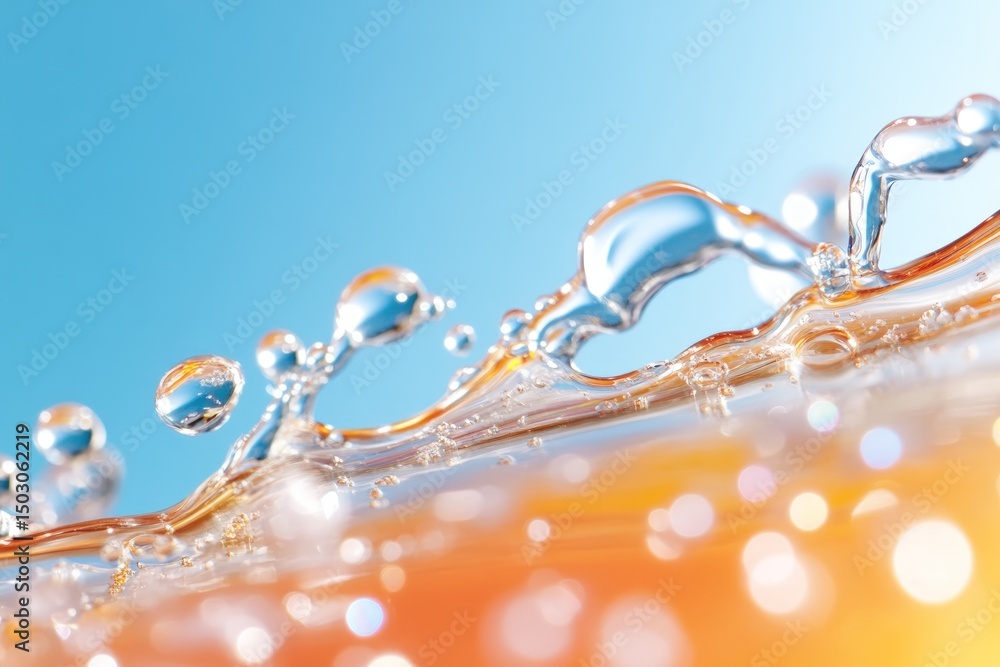 Fototapeta premium Abstract liquid motion with splash and droplets on gradient background