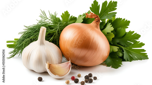 Fresh garlic onion parsley and peppercorns