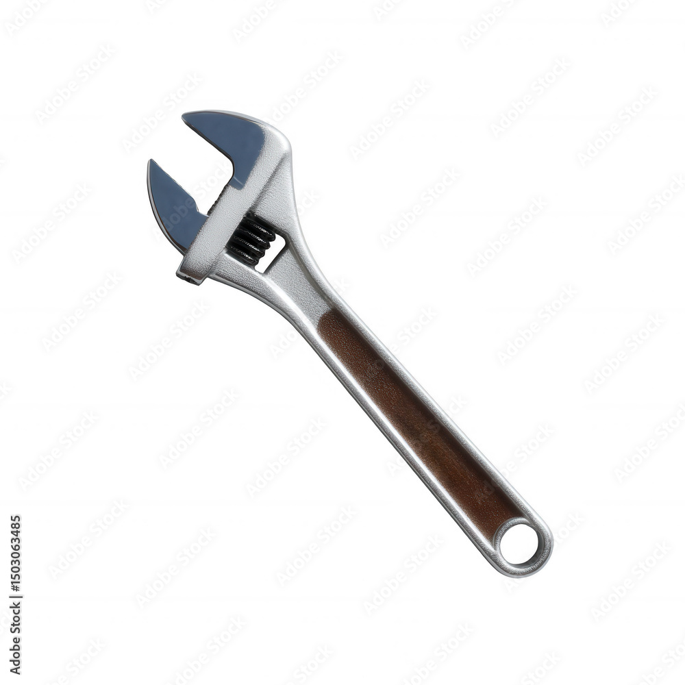 A detailed image of an adjustable wrench with a sleek metallic finish and wooden handle, perfect for tools and equipment representation on a white isolate background.