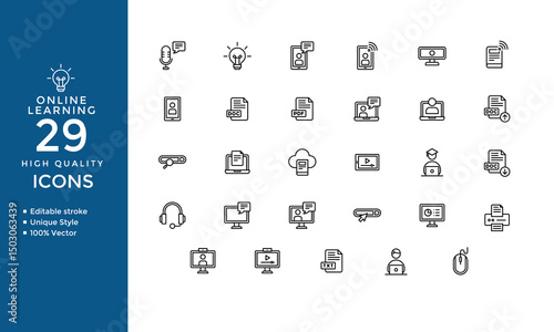Education and Learning Line Icons Set – Editable Stroke Vector Collection for Online Classes, Seminar, Webinar, and Conference