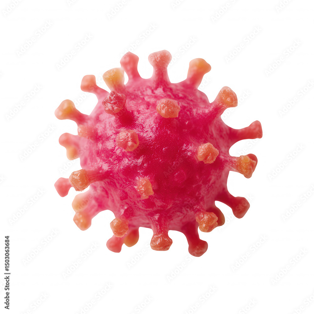 A detailed representation of a virus model, illustrating its structure and vibrant color contrasts against a white background. Perfect for educational and scientific use. A detailed representation of a virus model, illustrating its structure and vibrant color contrasts against a white background. Perfect for educational and scientific use.