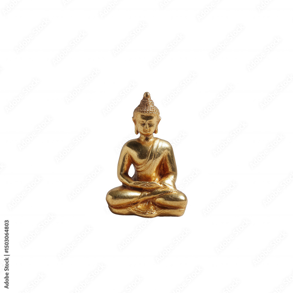 A golden Buddha statue sitting in a meditative pose, symbolizing peace and spirituality, on a white isolated background. A golden Buddha statue sitting in a meditative pose, symbolizing peace and spirituality, on a white isolated background.