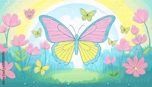 Cute butterfly vector. Crayon spring background