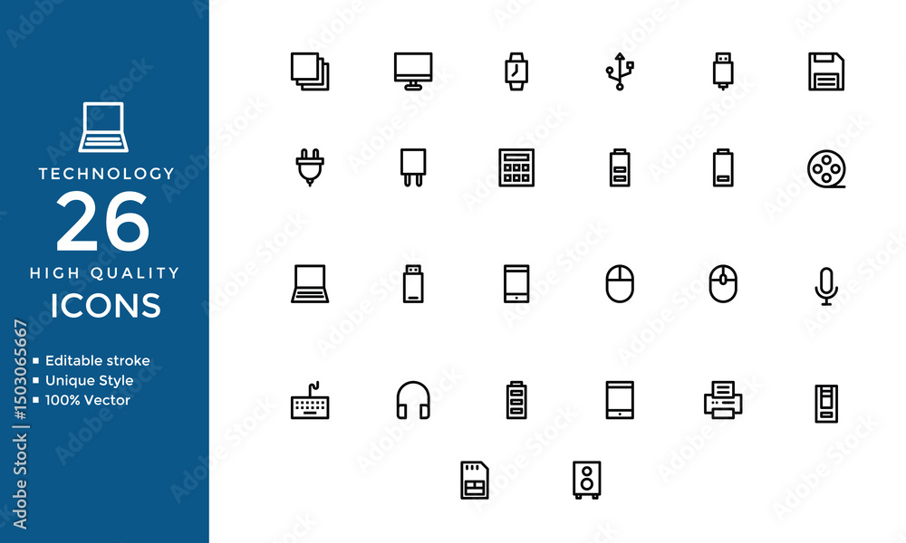 Technology Line Icons – Vector Set of Gadgets, Devices, USB, Battery, Mouse & Headphones Technology Line Icons – Vector Set of Gadgets, Devices, USB, Battery, Mouse & Headphones