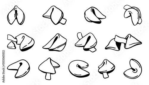 Food vector set with hand-drawn Chinese fortune cookies, including whole and crushed cookies with blank paper notes. Great for menus, packaging, and Asian-themed designs.