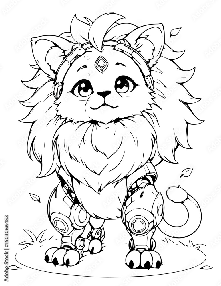 Obraz premium Cute Anime Robot Lion Cub Line Art Illustration