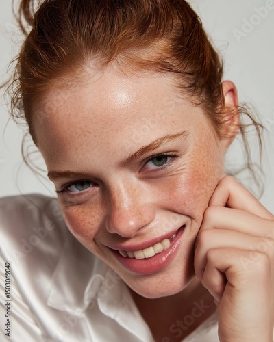Her auburn hair is in a low...