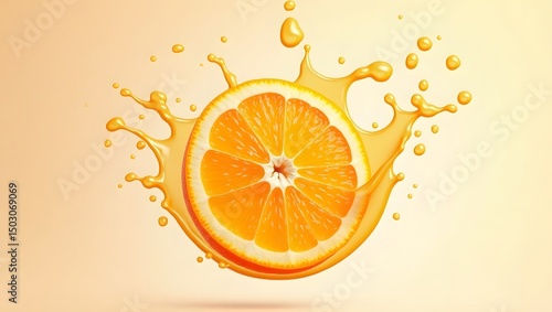 Photorealistic Juicy Orange Slice with Splash on White Background