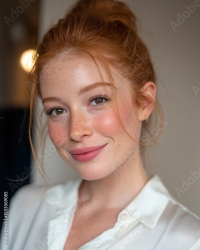 Her auburn hair is in a low...