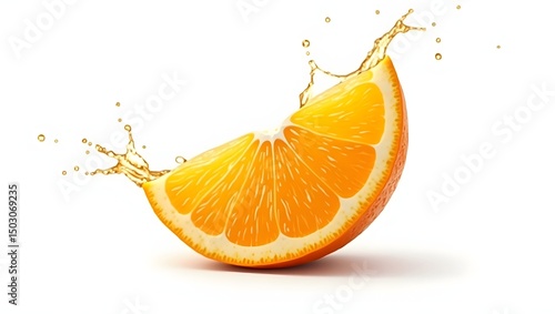 Photorealistic Juicy Orange Slice with Splash on White Background