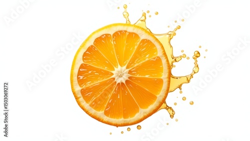 Photorealistic Juicy Orange Slice with Splash on White Background
