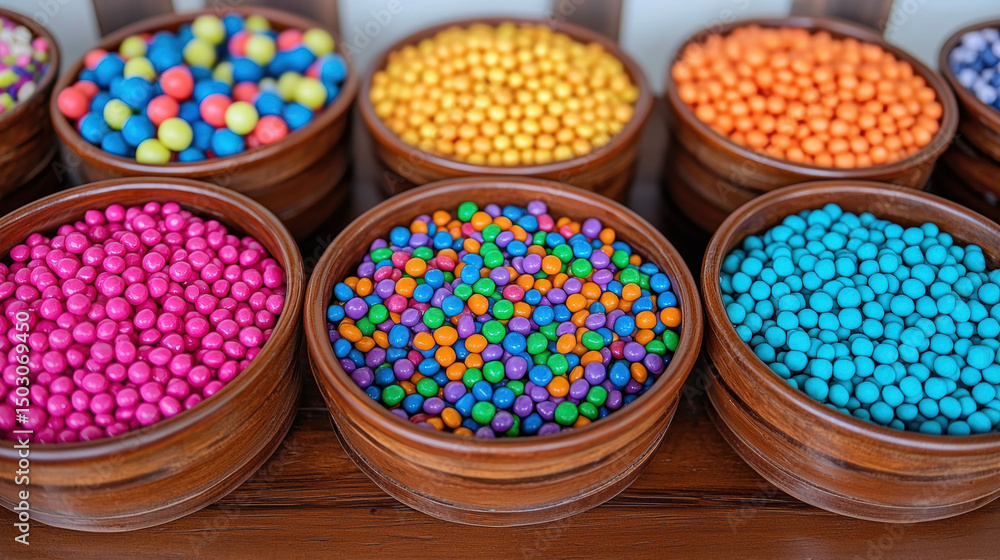 Fototapeta premium Colorful candy buffet top view, mixed round candies in wooden bowls, vibrant textures and cheerful party atmosphere