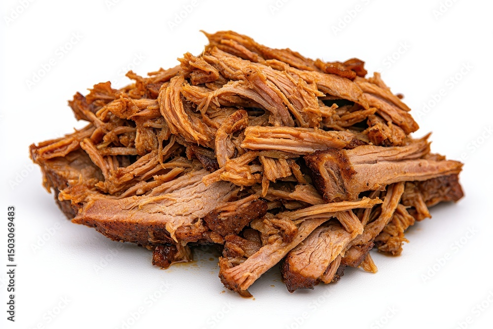 Detailed Close Up of Tender Shredded Braised Beef on Pure White Background Detailed Close Up of Tender Shredded Braised Beef on Pure White Background