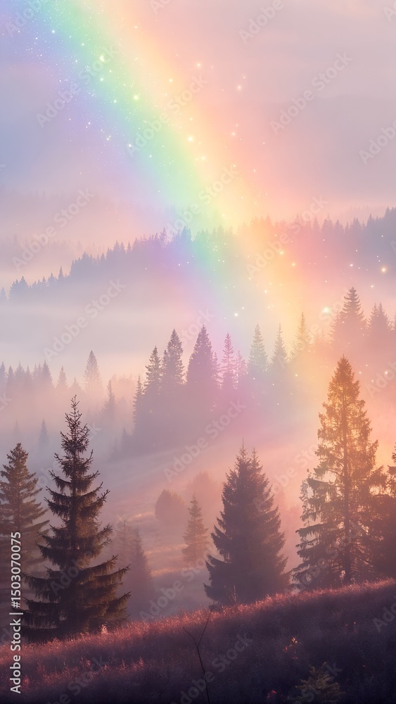 Fototapeta premium Mystical Rainbow Over Foggy Pine Forest Dreamy Nature Landscape
