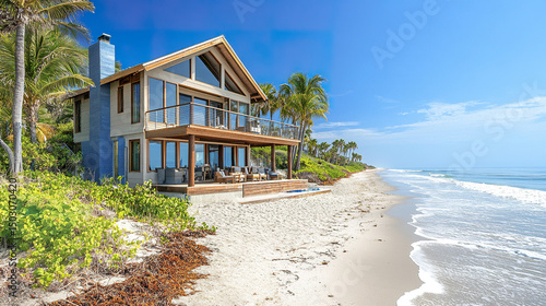 Wallpaper Mural beautiful beach house with stunning ocean view, surrounded by palm trees and sandy shore Torontodigital.ca