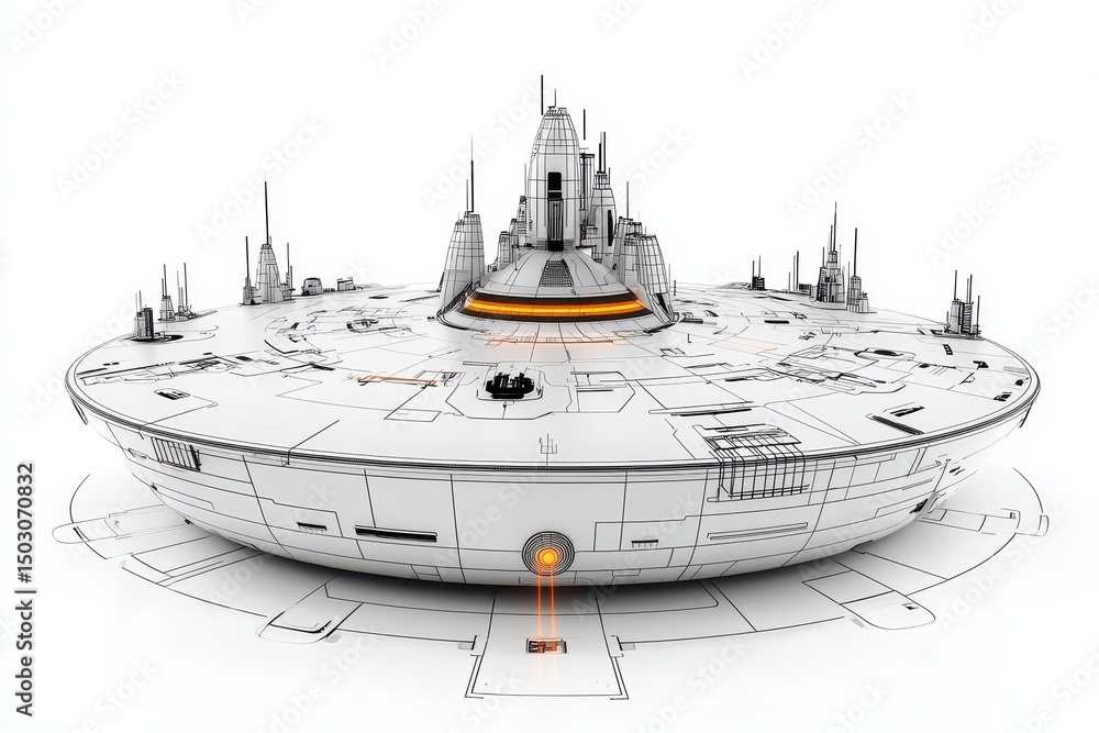 Fototapeta premium Detailed Futuristic Spaceship Model, White and Gray with Orange Engine Glows