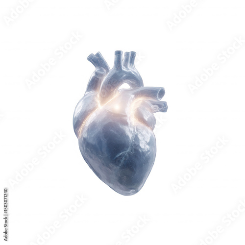An artistic rendering of a human heart, showcasing intricate details and a glowing effect against a white isolated background.