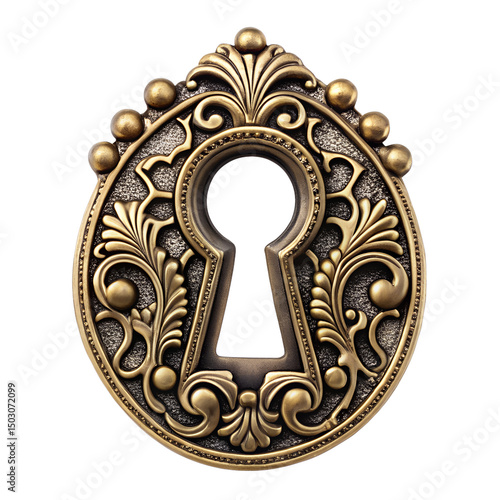 Vintage key hole on weathered wooden door on transparent background 