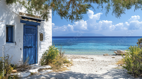 Wallpaper Mural serene beach view with charming white house and blue door, surrounded by nature beauty Torontodigital.ca