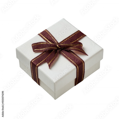 Elegant white gift box with rich maroon ribbon, perfect for celebrations and special occasions. Unwrap joy and happiness with this thoughtful present.