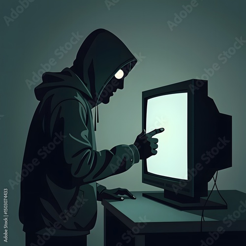 A man in a hoodie touches a computer screen with his finger in the dark