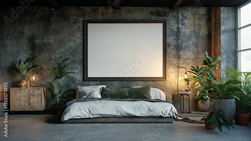Serene Bedroom Interior Mockup with Empty Frame and Botanical Elements