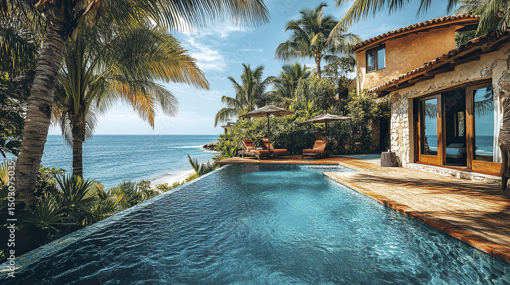 Fototapeta premium Luxurious house with swimming pool, palm trees, and ocean view creates serene atmosphere