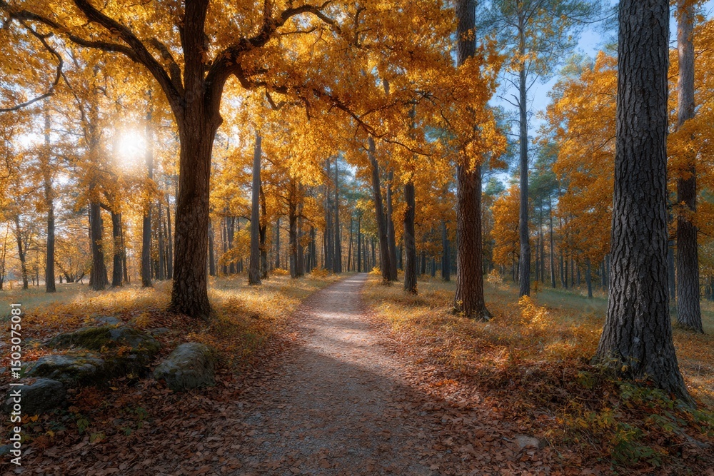 Fototapeta premium Golden Autumn Path: Sunlit Forest Trail with Vibrant Fall Foliage