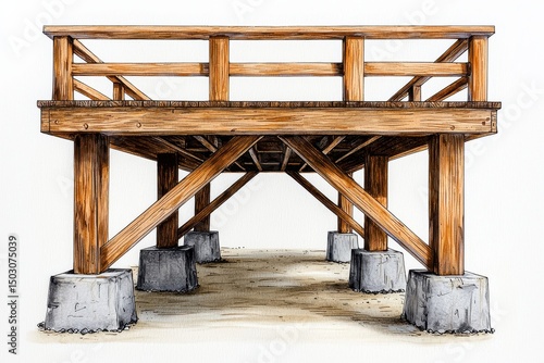 Detailed Illustration of a Wooden Deck with Gray Concrete Supports on Sandy Ground