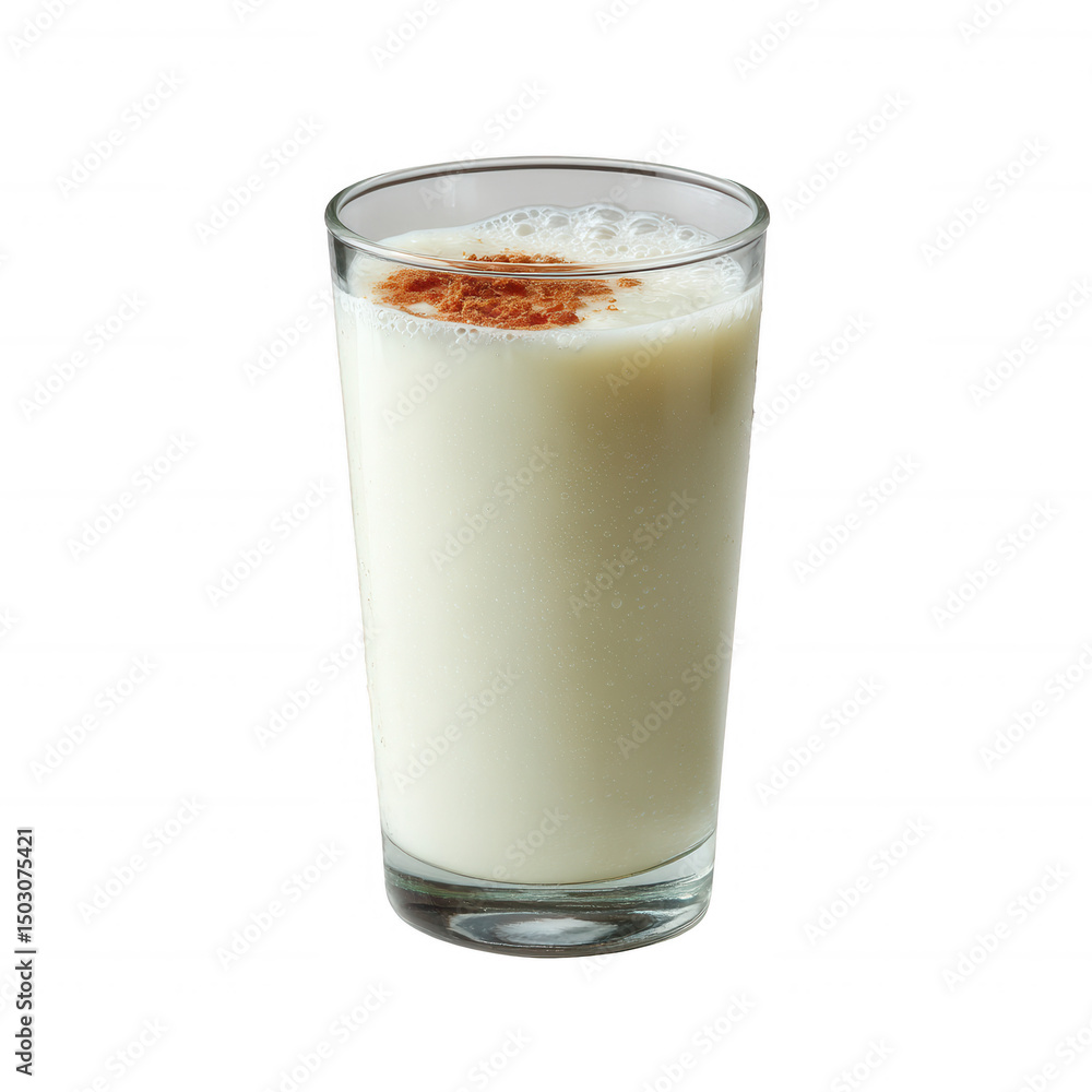 Glass of creamy beverage topped with a sprinkle of cinnamon, isolated on a white background, perfect for culinary or beverage-related themes. Glass of creamy beverage topped with a sprinkle of cinnamon, isolated on a white background, perfect for culinary or beverage-related themes.