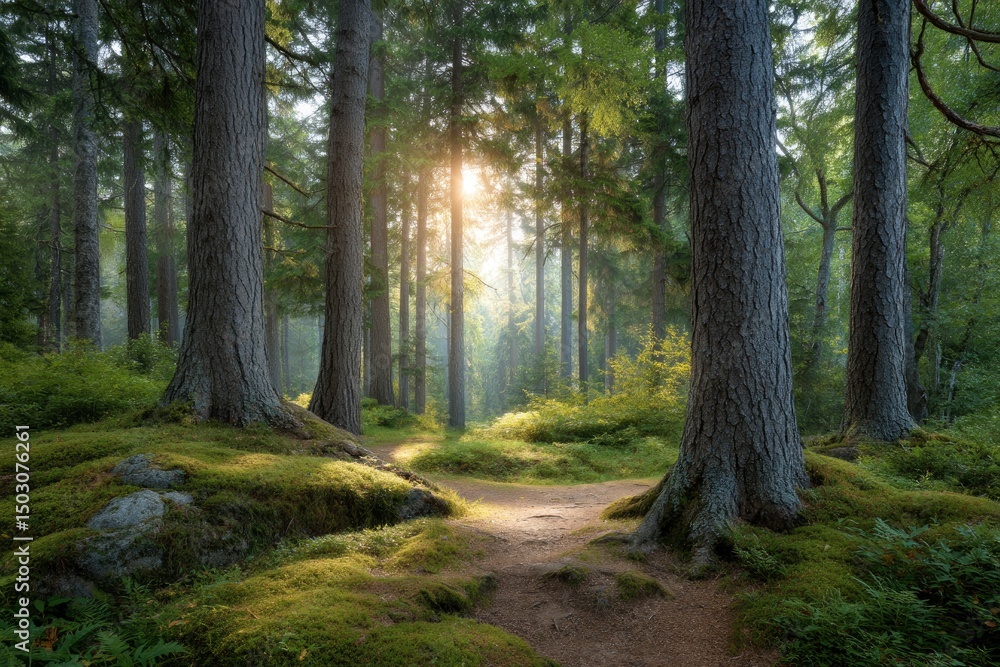 Obraz premium Sunlit Forest Path: A Serene, Mossy Landscape