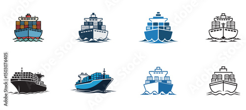 set of cargo ship icons, container vessel vector illustration, maritime transport and international freight logistics
