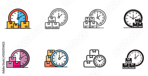 set of delivery time icons, clock with packages, shipping schedule and logistics deadline management
