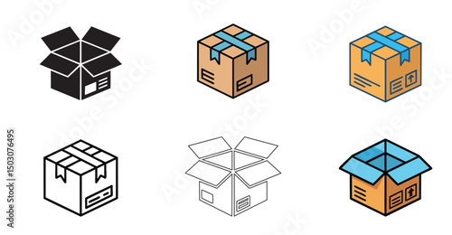 set of cardboard box icons, open and closed package vector illustrations, shipping and moving supplies
