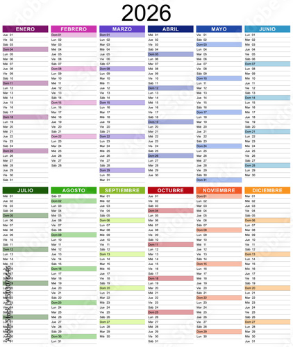 Modèle de calendrier 2026 pour agenda, organiseur ou planificateur avec textes en espagnol - Textes vectorisés et non vectorisés sur calques séparés