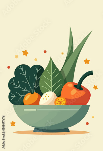 Pastel-toned illustration of a vegetable bowl in flat minimalist style, depicting fresh plant-based ingredients and wholesome vegetarian nutrition
